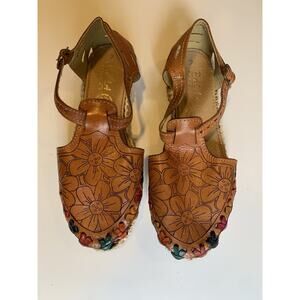 Women’s Leather Floral Sandals Size 9.5 Brown Ankle Strap Boho Espadrille